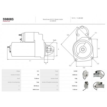 Стартер S9808S B11-3708110-BA Chery Dr5